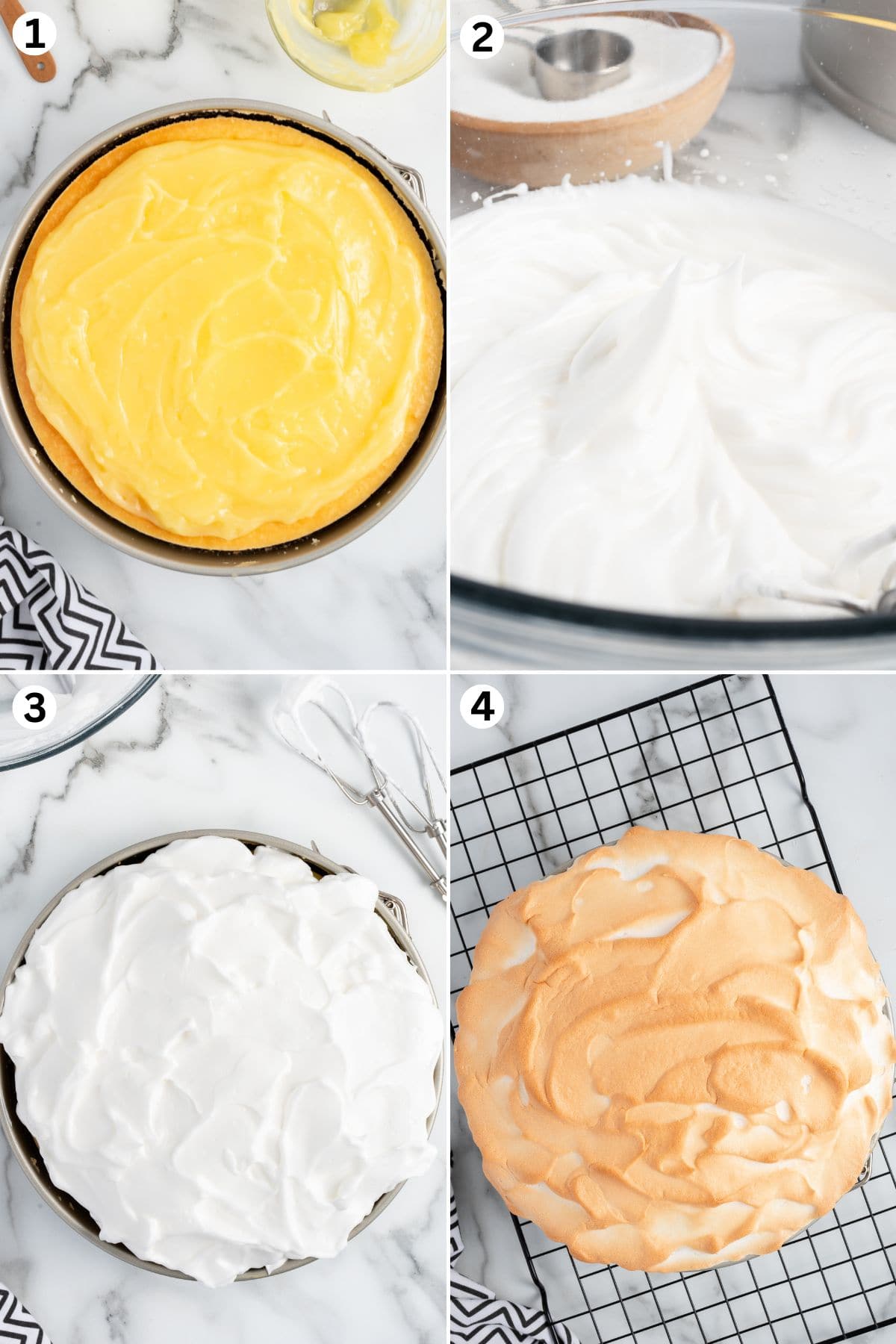 Lemon curd spread over cheesecake, whipped meringue in a bowl, meringue spread over cheesecake, and baked meringue topping cooling on a wire rack.