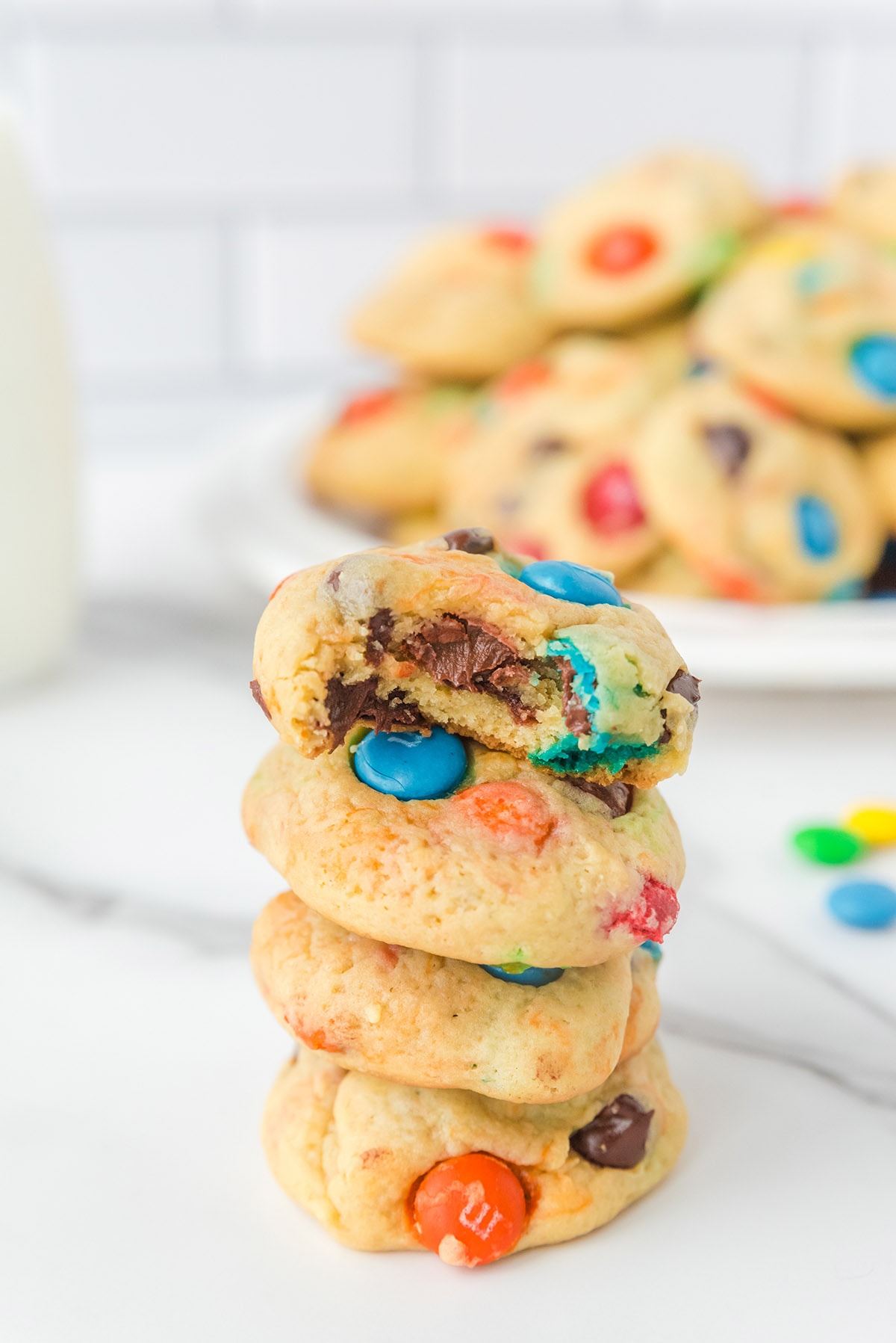 M&M Cookies on a white table