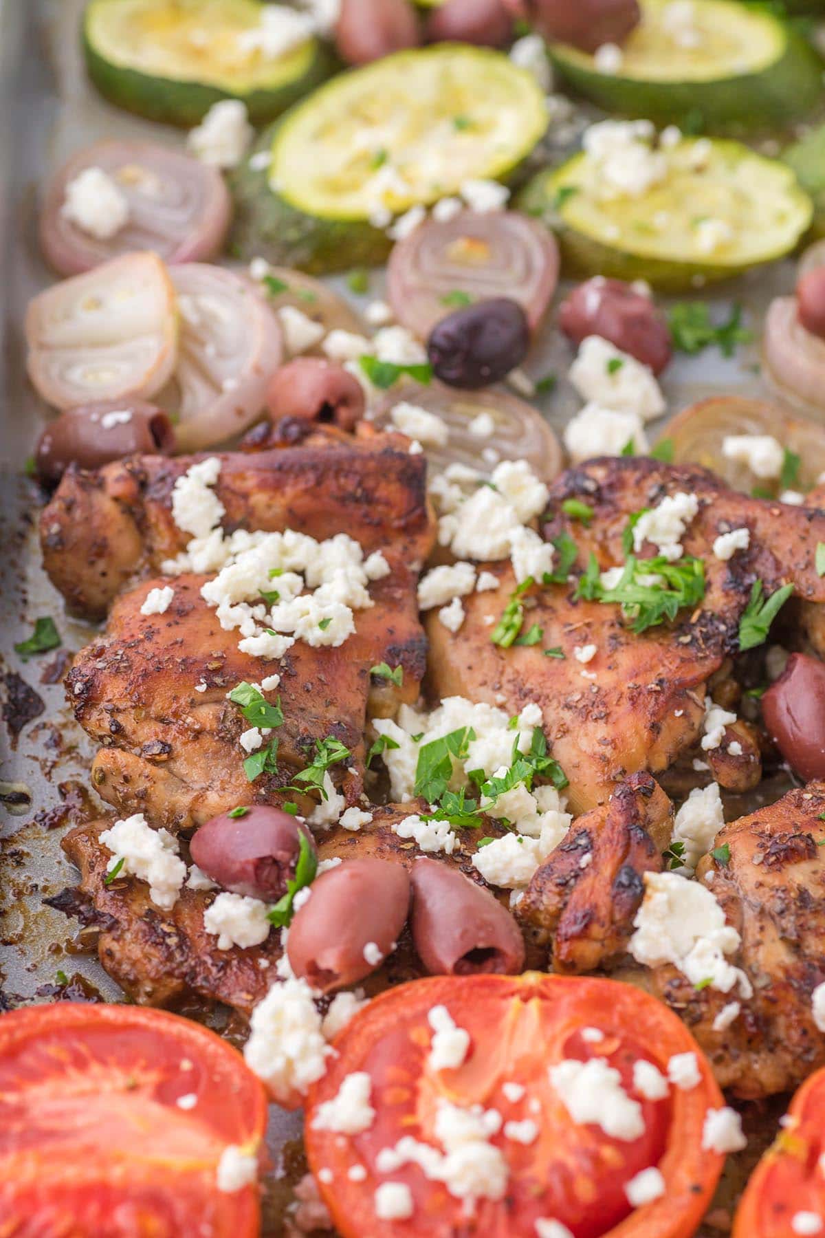 Greek Sheet Pan Chicken Dinner in a baking dish