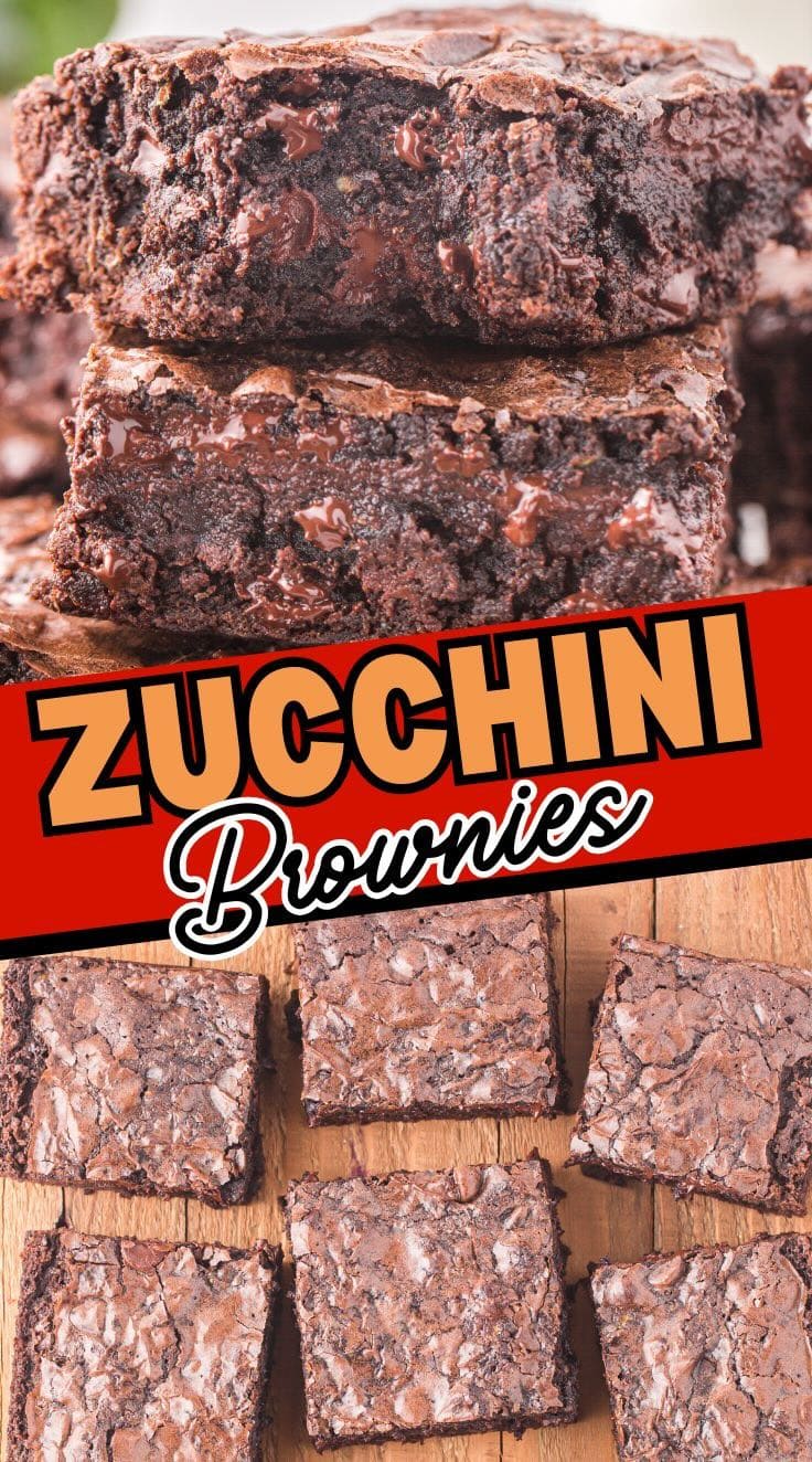 Close up of fudgy Zucchini Brownies in a stack. 6 pieces of Zucchini Brownies on a wooden board