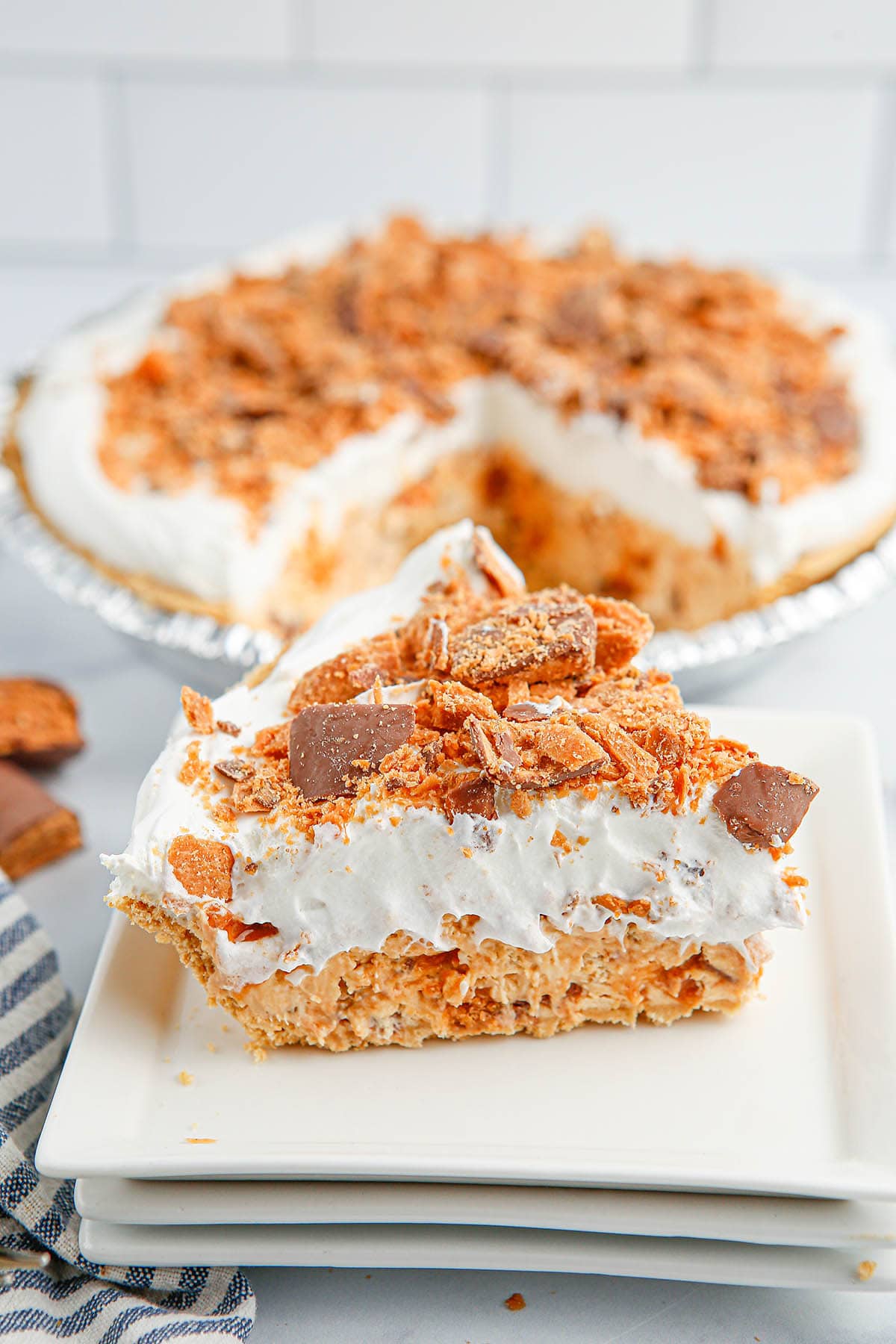 Butterfinger Pie on a white table