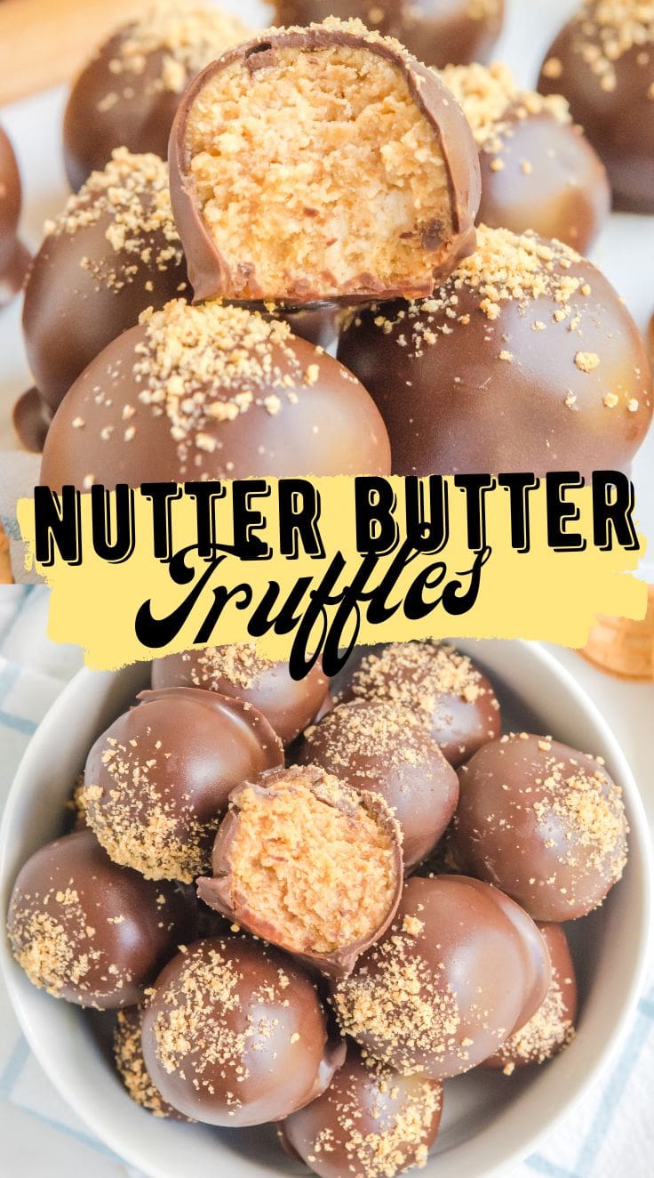 Chocolate-dipped Nutter Butter truffles in a bowl