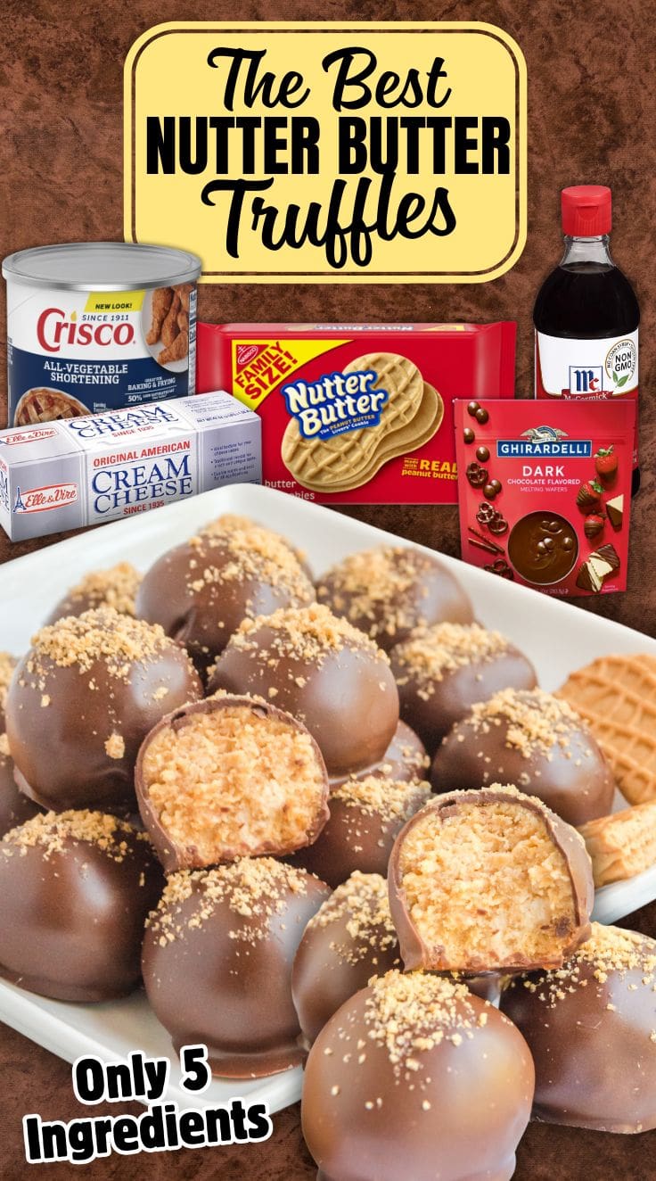 Chocolate-dipped Nutter Butter truffles on a plate, one piece being half bitten showing a creamy filling inside