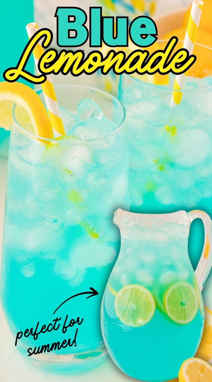 a pitcher of vibrant blue lemonade. 2 glass of blue lemonade with yellow stripe straw