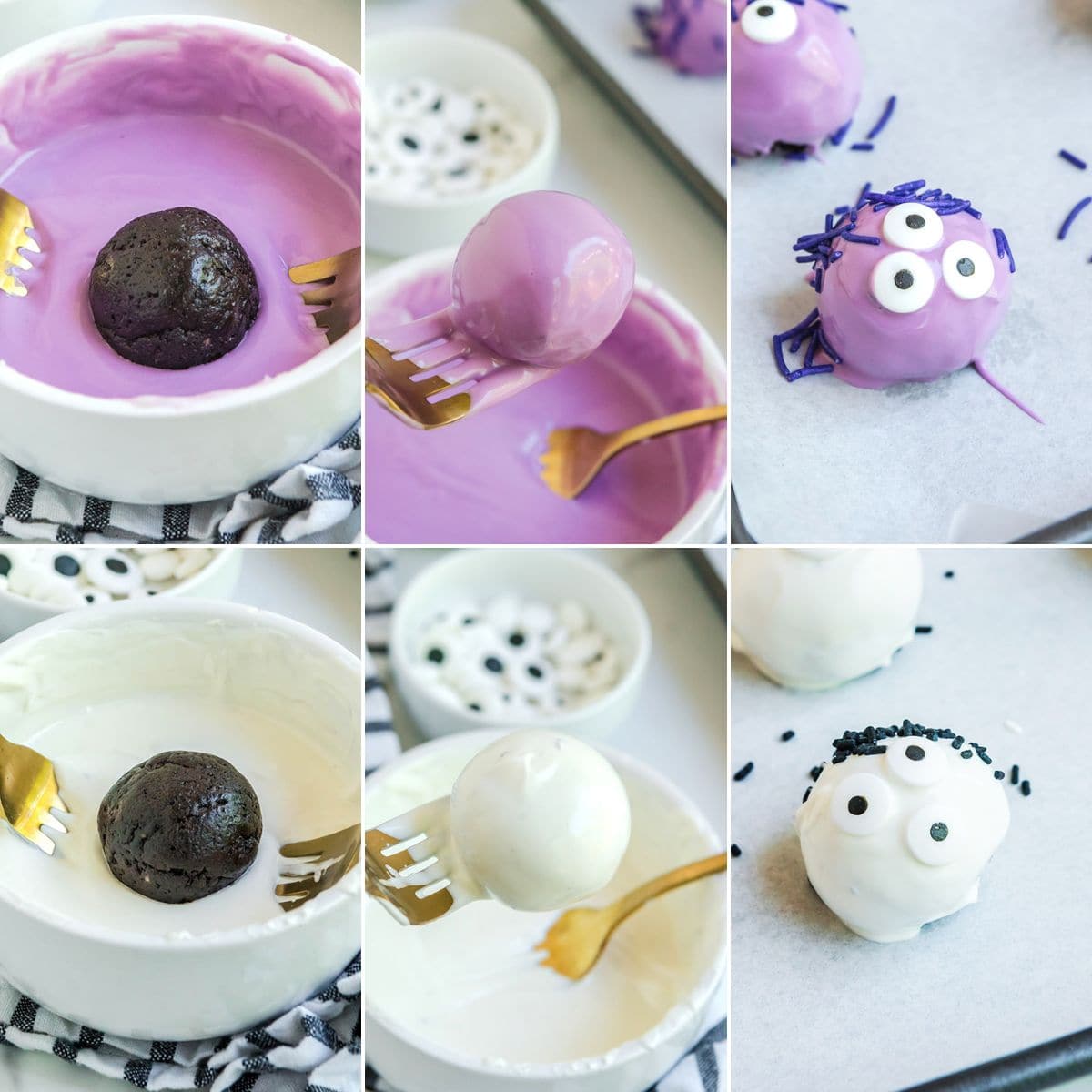 dipping the oreo balls into white and purple candy melts. decorating with sprinkles and candy eyes.