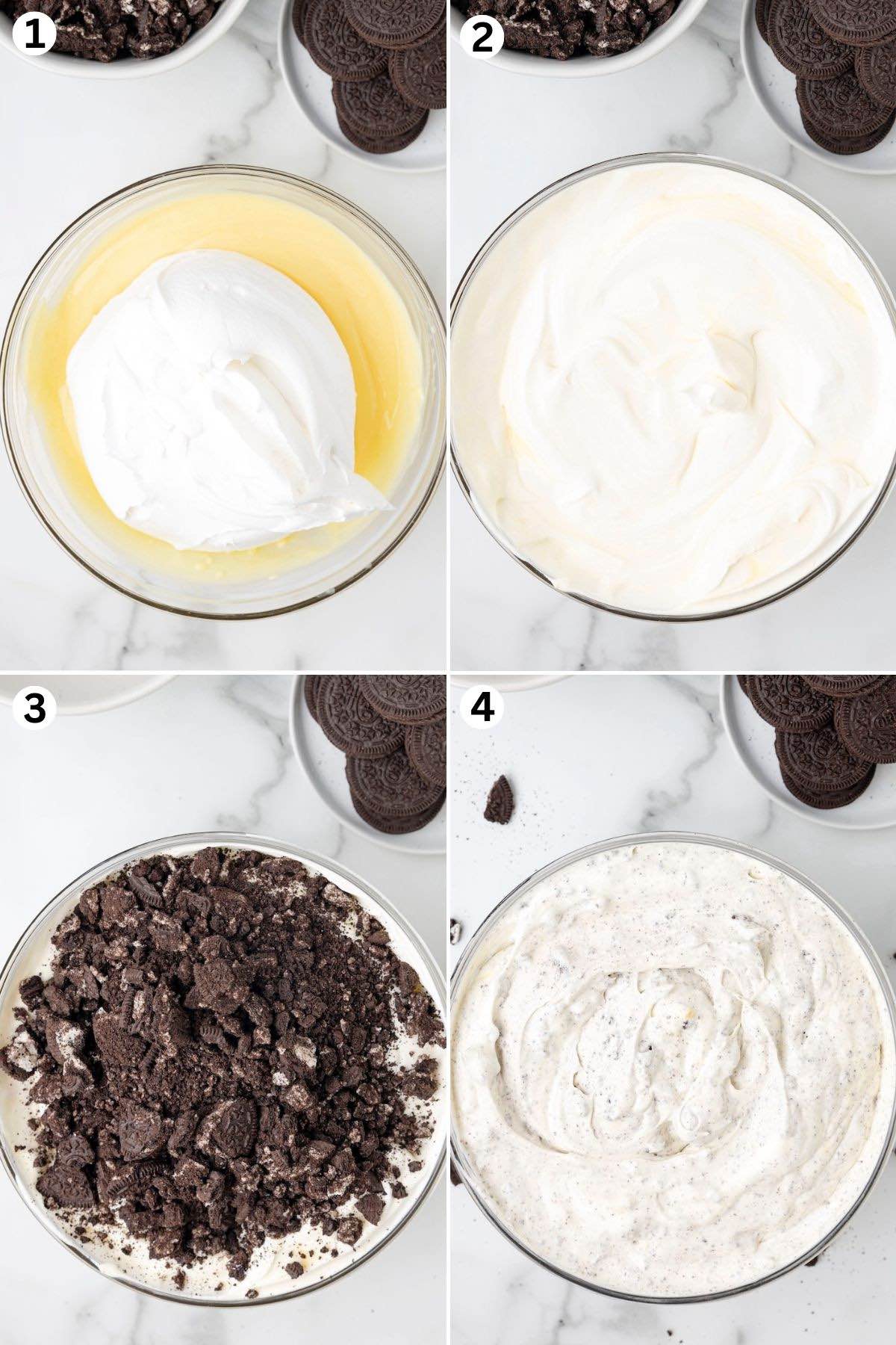 Stir the milk and pudding mix until the mixture thickens. Fold in the whipped topping and Oreos to combine