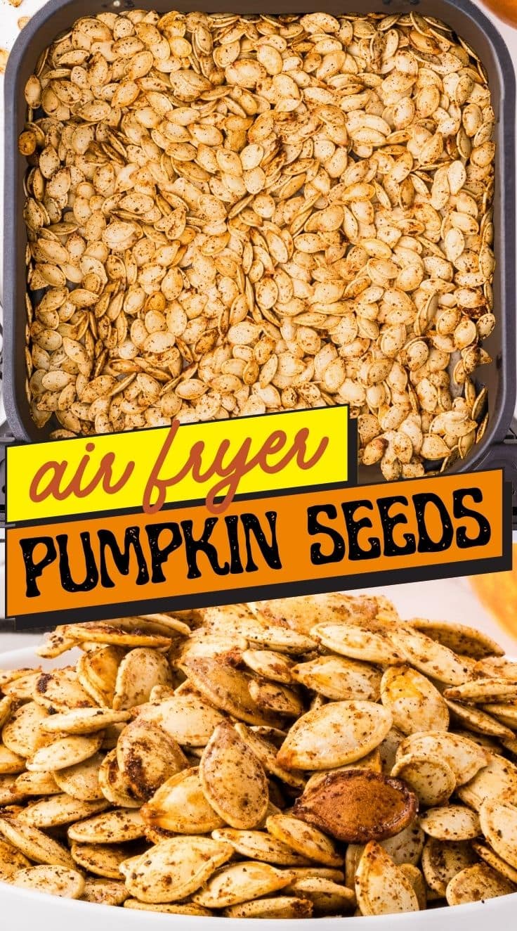 Top view of crunchy Air Fryer Pumpkin Seeds pin in an Air Fryer - Air Fryer pumpkin seeds served in a bowl