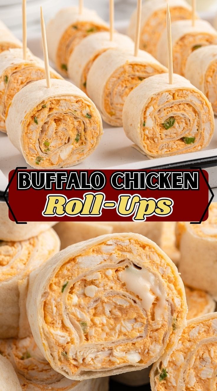 Buffalo Chicken Roll-Ups with toothpicks served on a plate.