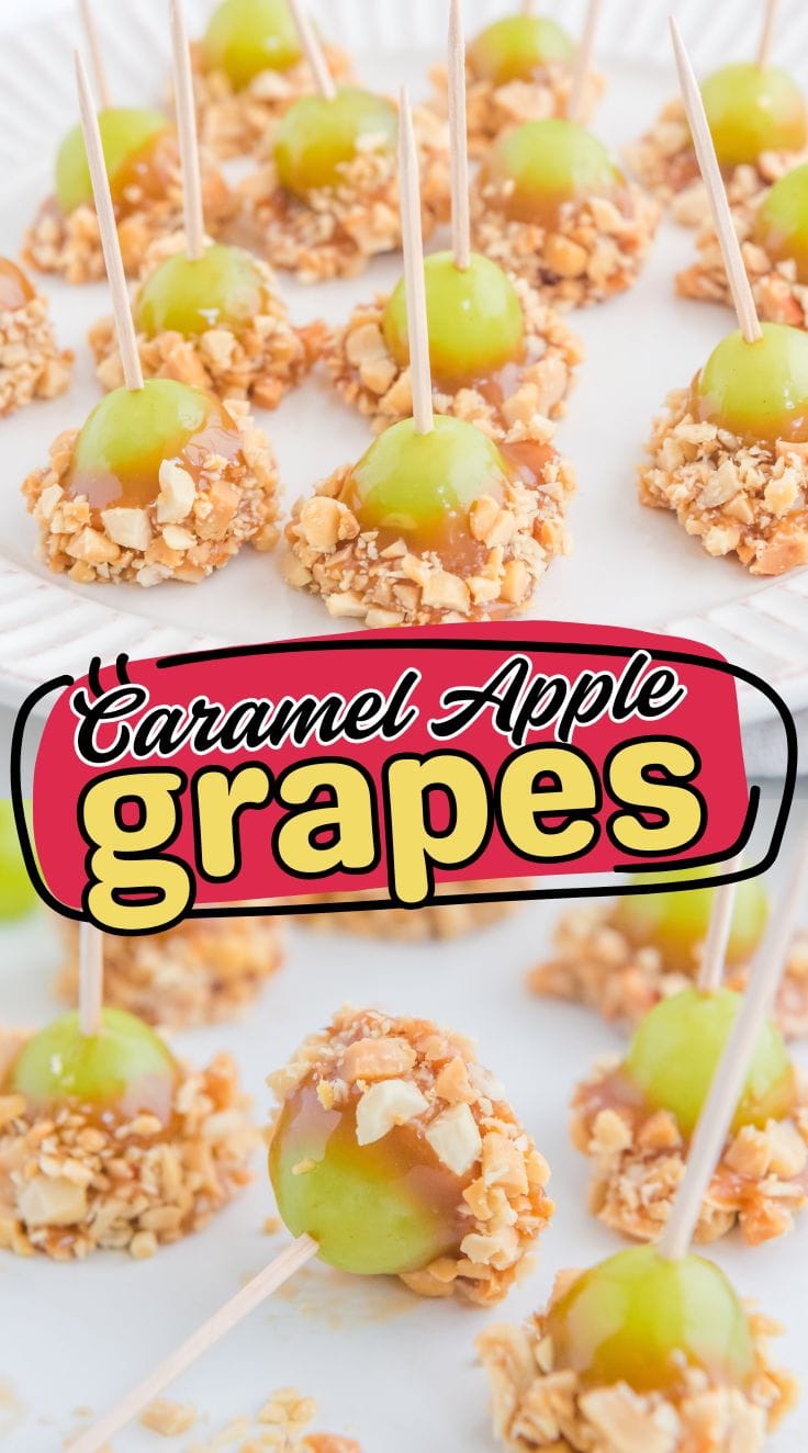 Caramel apple grapes lined and served on a white plate