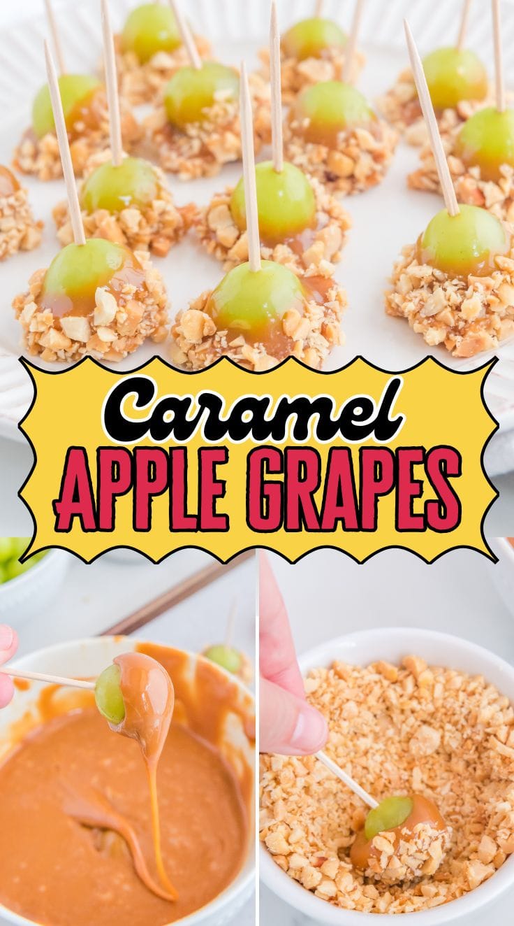 Dipping grapes into caramel mixture and crushed nuts to make Caramel Apple Grapes