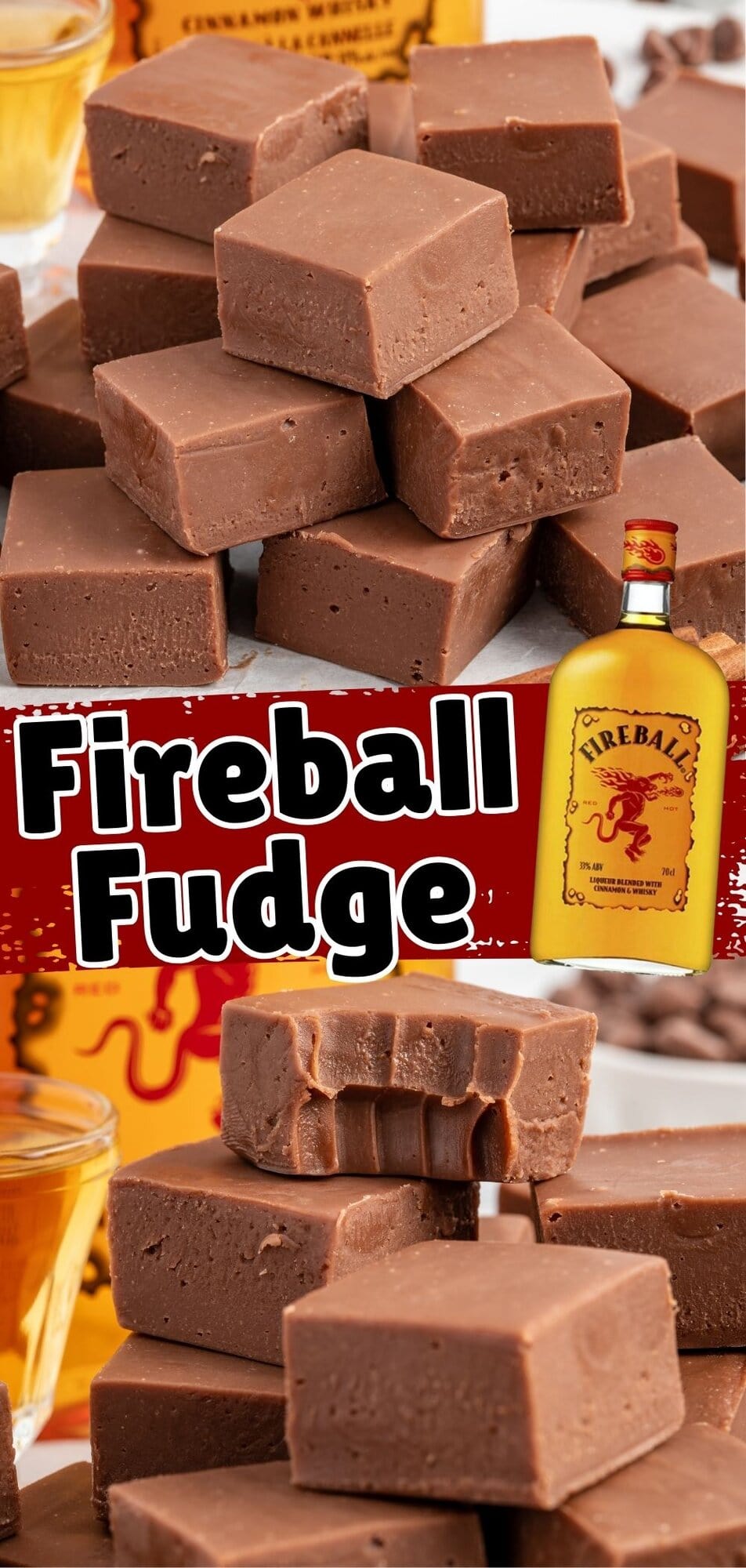 A pile of square sliced Fireball Fudge