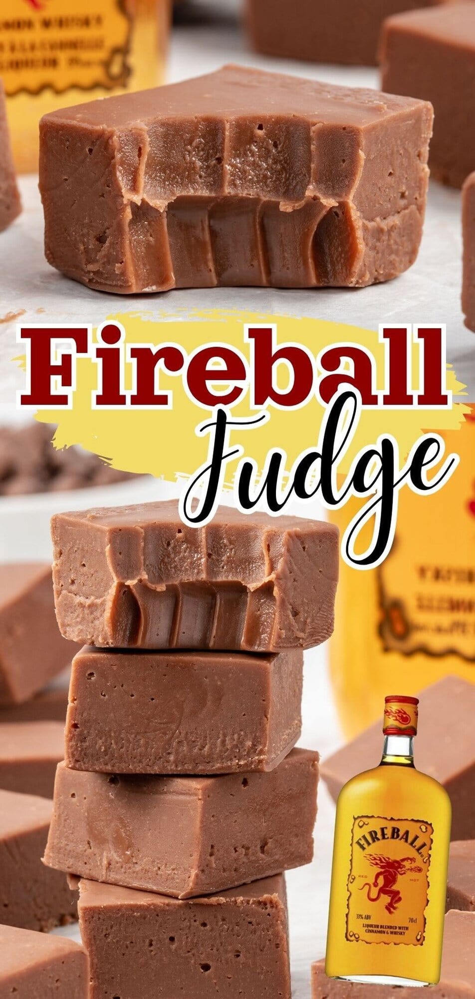 4 Fireball Fudge in a stack. Half bitten Fireball Fudge