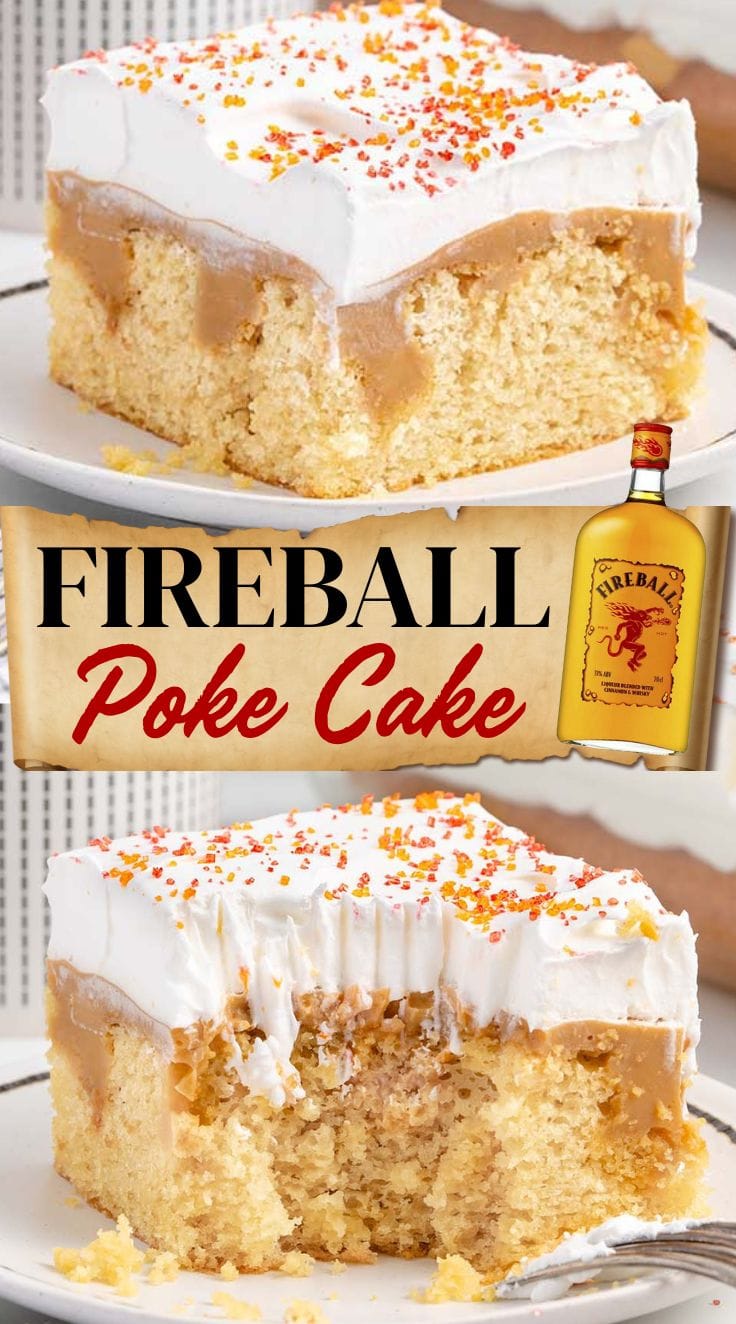 A slice of Fireball Poke Cake served on a white plate.