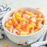 Homemade Candy Corn in a white bowl.