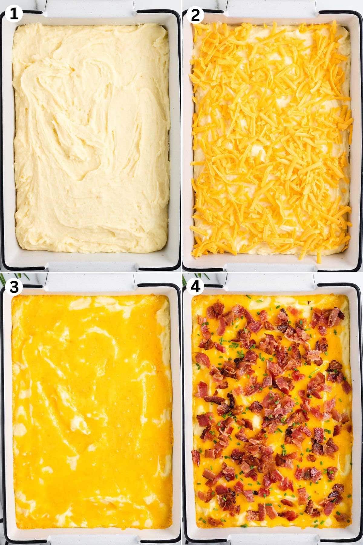 mashed potato mixture in a casserole dish. adding cheese on top of the mixture. baked mashed potato with bacon on top.