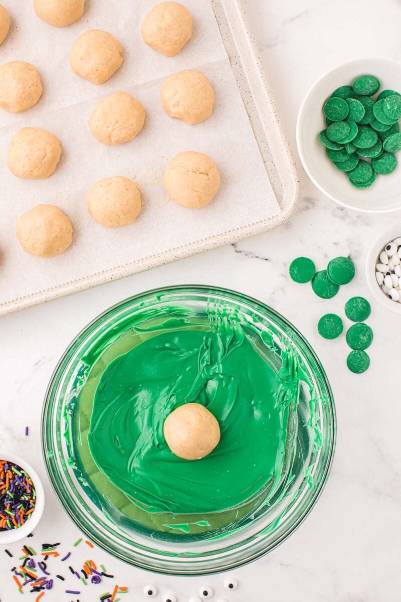 oreo balls dipped in green candy melts.