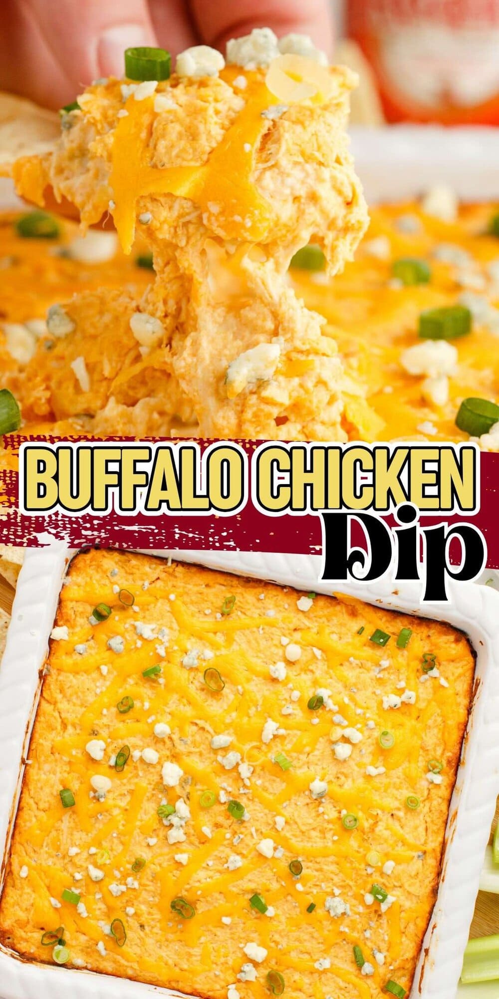 A chips being digged into Creamy buffalo chicken dip .