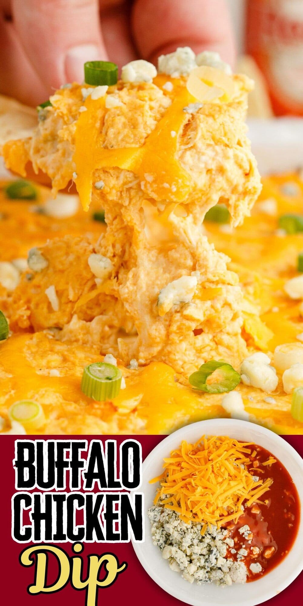 Creamy buffalo chicken dip. buffalo chicken dip ingredients in a bowl.