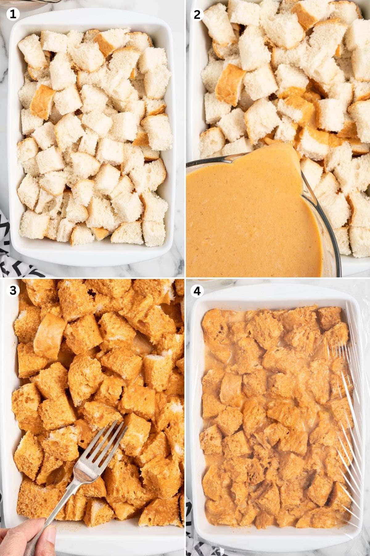 the process of making Pumpkin French Toast Casserole - steps 1-4