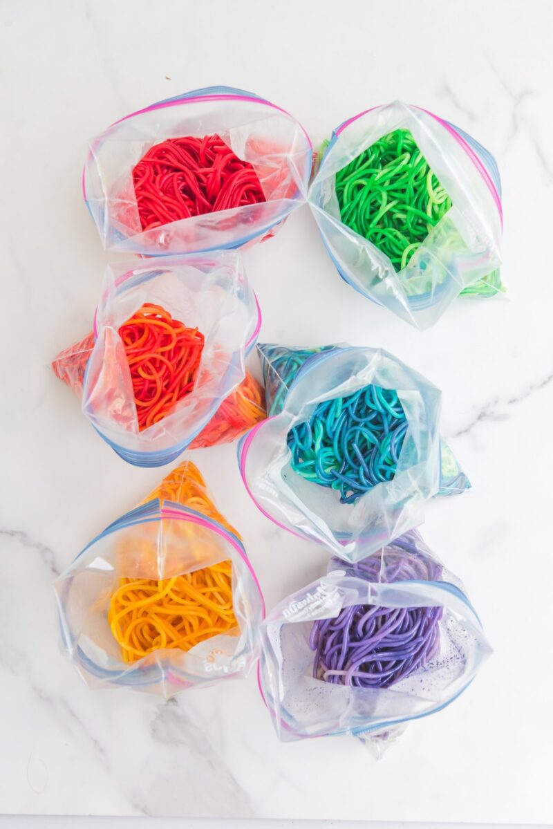 rainbow spaghetti in ziplock bag