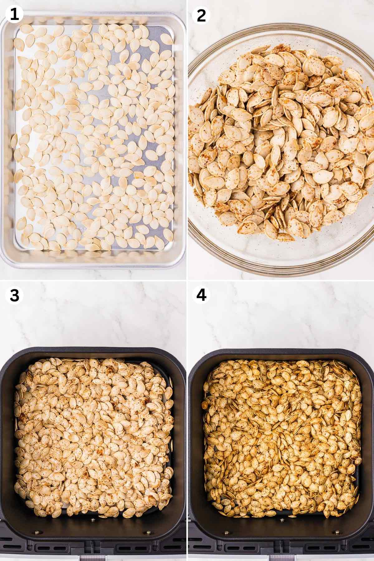 Spread the clean pumpkin seeds onto a baking sheet and pat dry. season the seeds in a bowl. bake inside air fryer. 