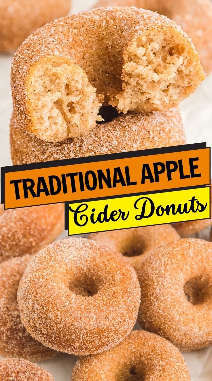 A half bitten apple cider donuts stacked on top of another donut