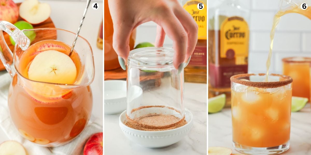 Stirring the margarita in pitcher. Dip the glass upside down in cinnamon sugar. pour the margarita into the glass.