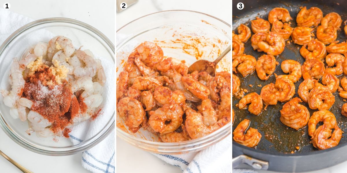 mixing shrimp with cajun seasoning in a bowl. cook the shrimp in a pan.
