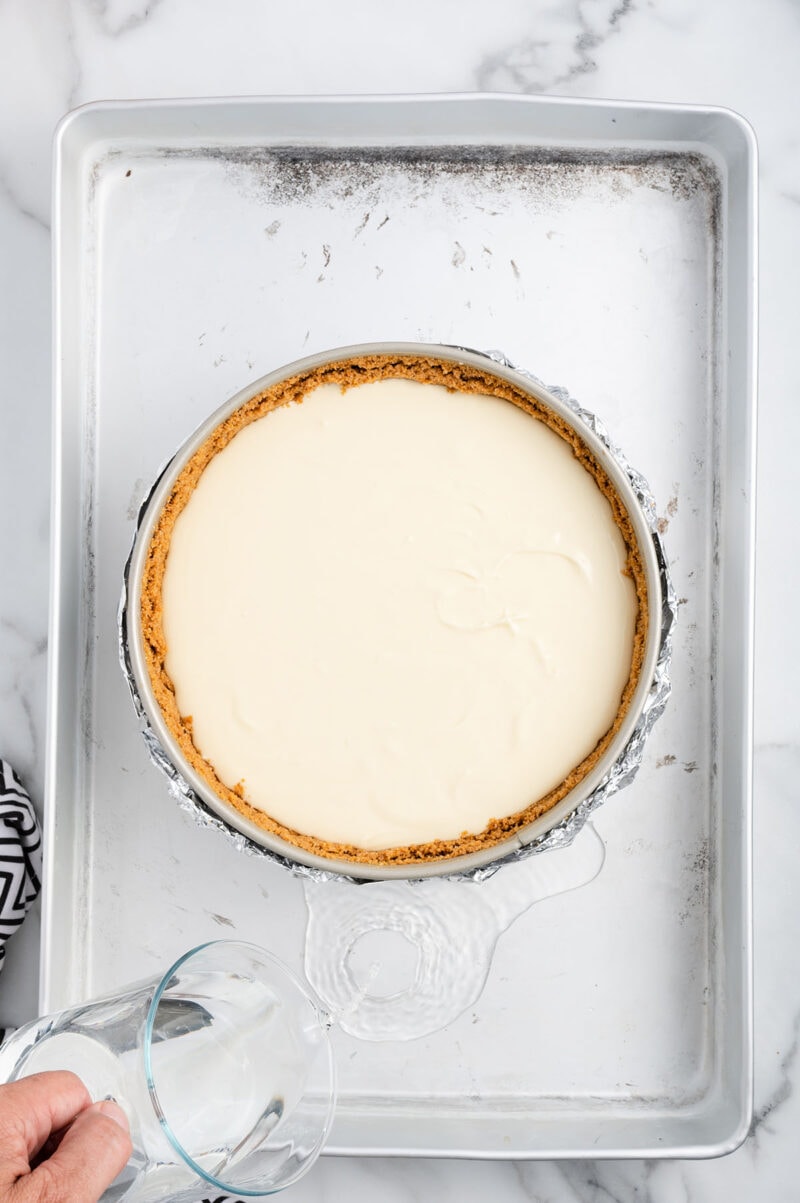 pour the cheesecake mixture into the pan and place on a baking sheet.