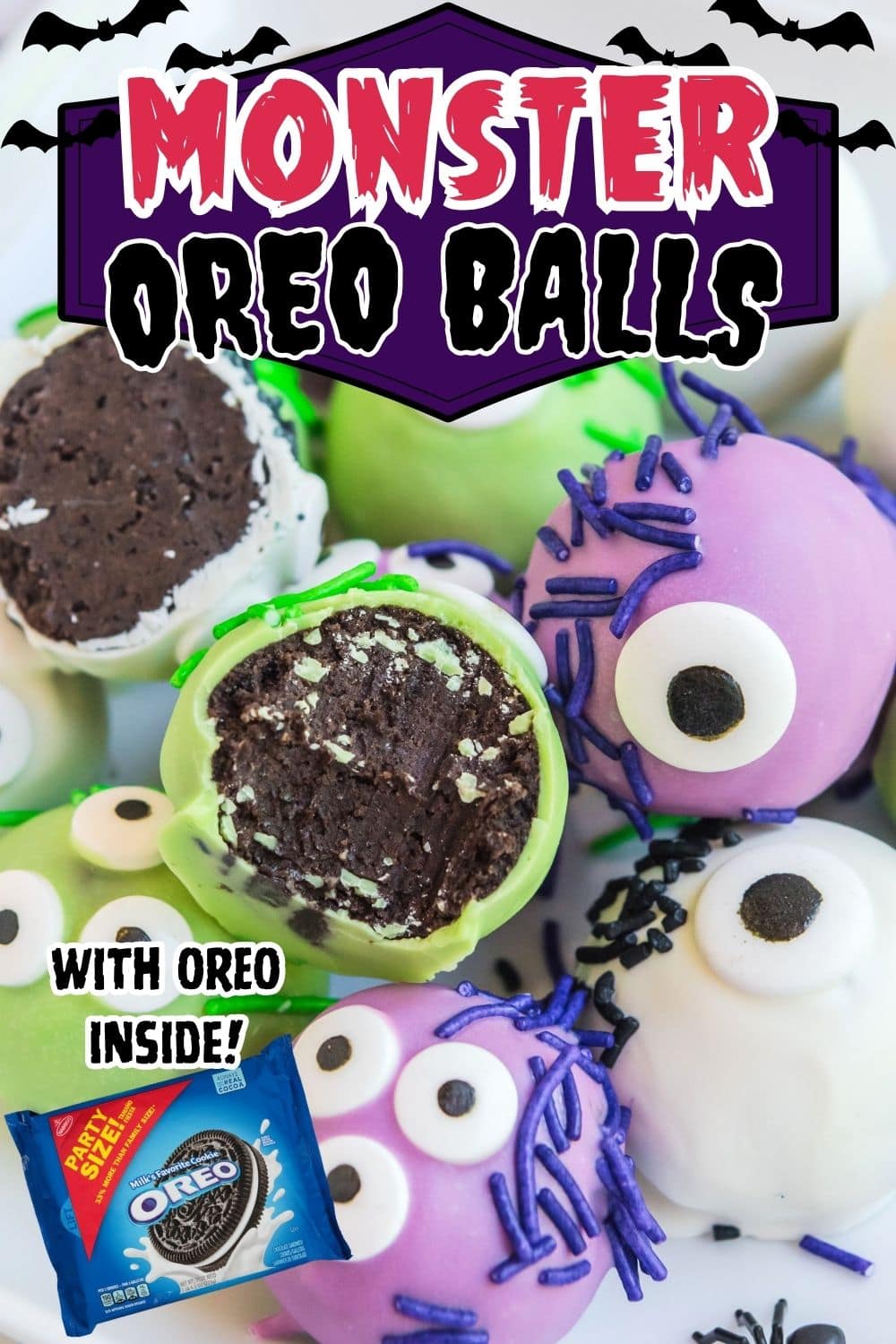 Monster oreo balls decorated with colorful sprinkles, with a few pieces half bitten showing the Oreo filling inside
