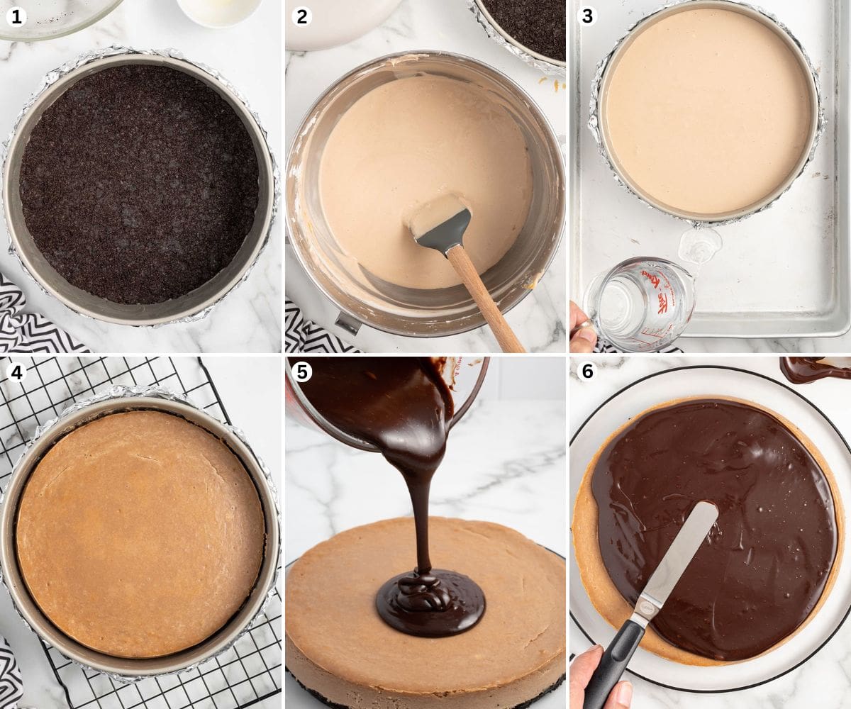 cookie crust at the bottom of springform pan. cheesecake mixture in mixing bowl. water bath for the cheesecake in springform pan. baked cheesecake on top of cooking rack. pouring chocolate ganache on top of cheesecake. spreading the ganache evenly on the cheesecake.