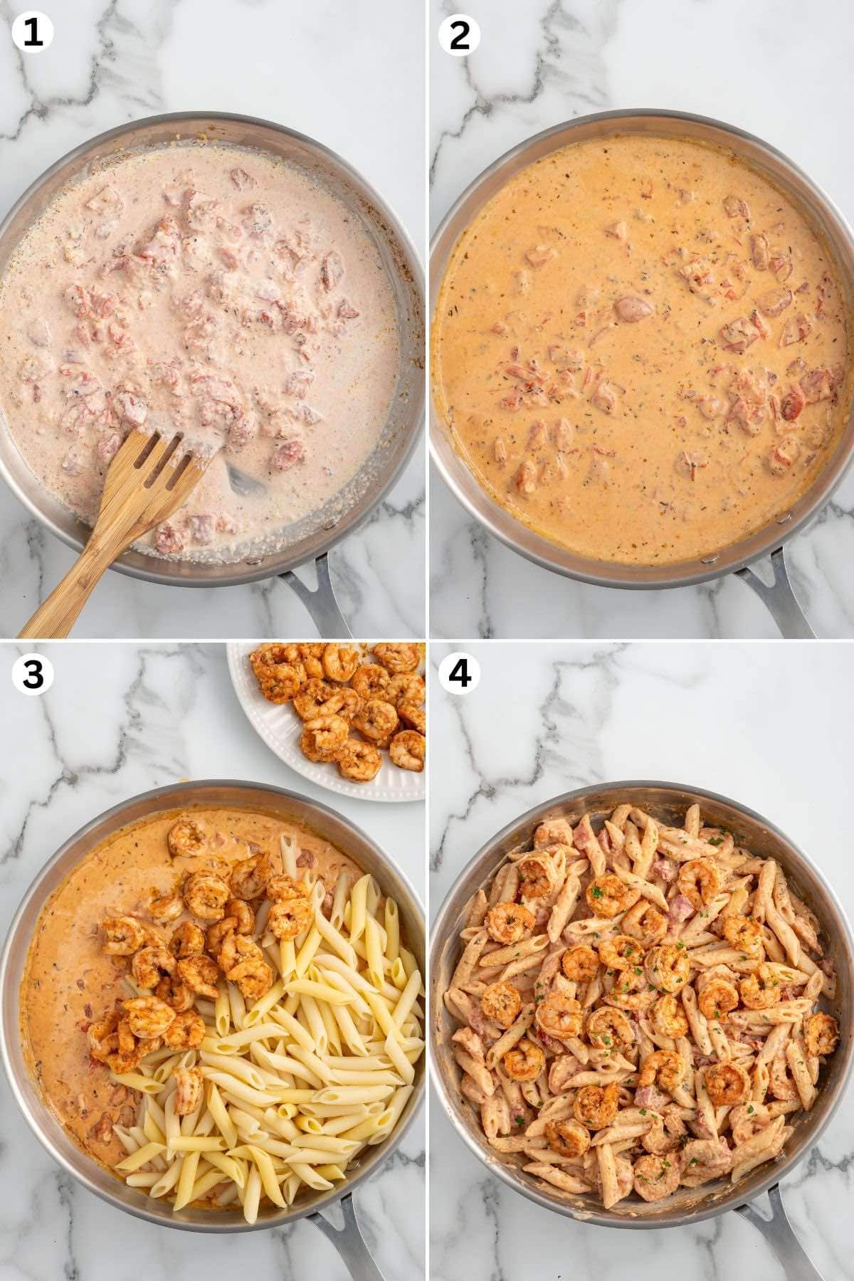 Cajun shrimp pasta being made in a skillet with creamy tomato sauce, penne pasta, and seasoned shrimp.