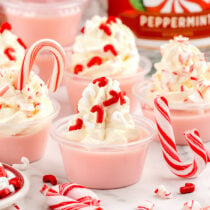 Candy Cane Jello Shots garnished with whipped topping and peppermint candies on top.