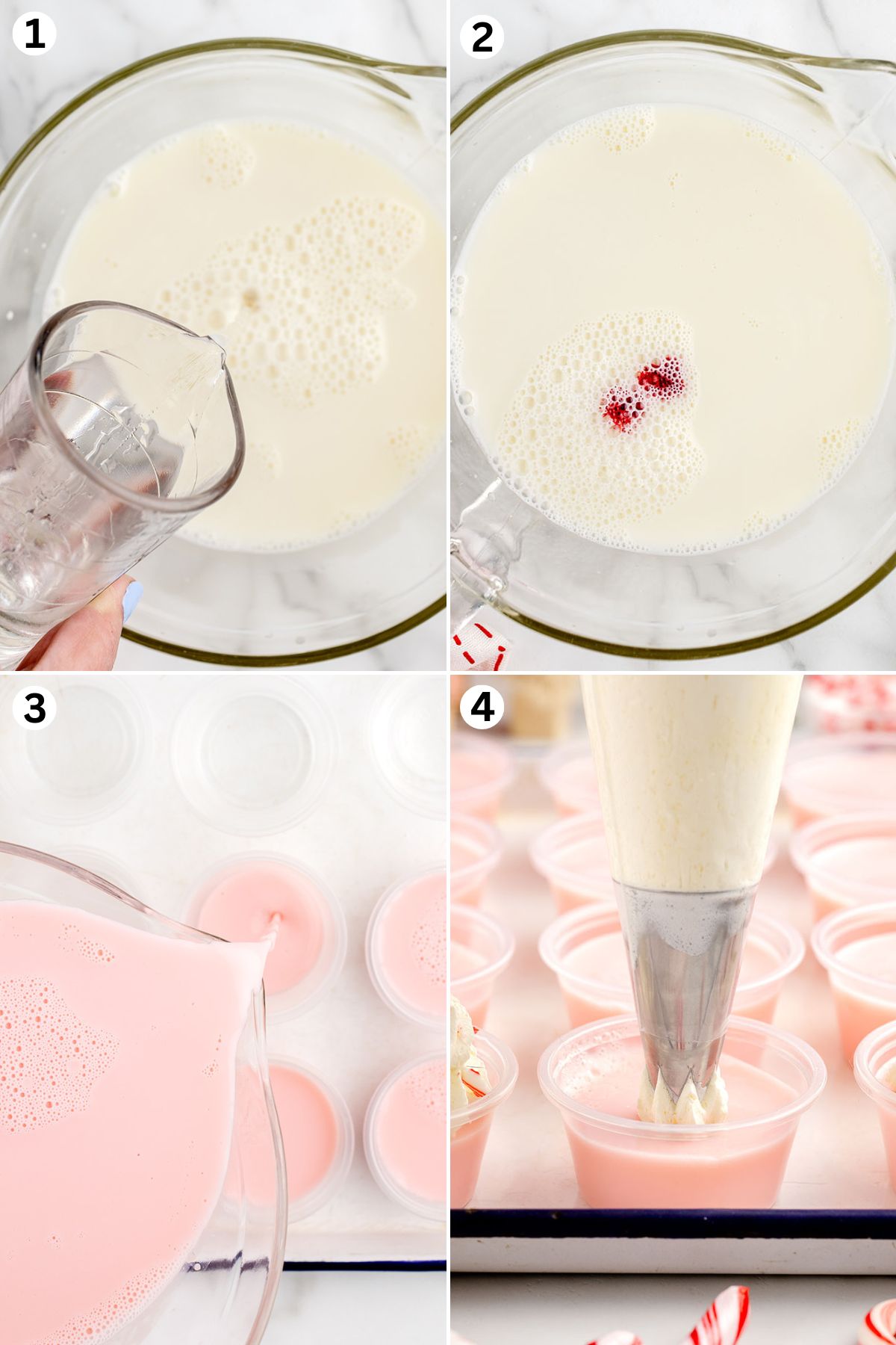Whisk in the peppermint schnapps and red food coloring into the jello mixture. pour the jello shots into small plastic cups. squirt whipped cream into each cup.