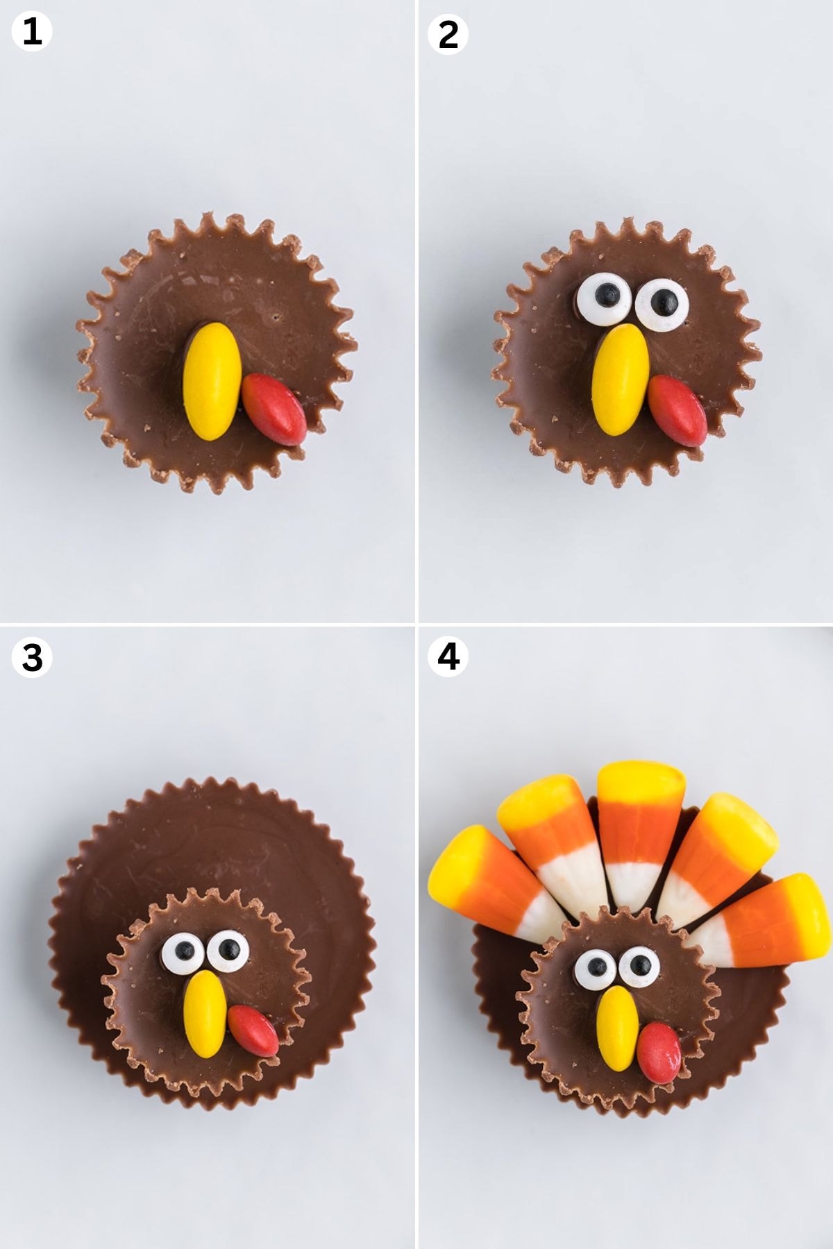 sticking yellow and red m&m's to the peanut butter cup for the beak and wattle. adding the eyes. adding bigger peanut butter cups as the body. add a couple candy corns as the feathers. 