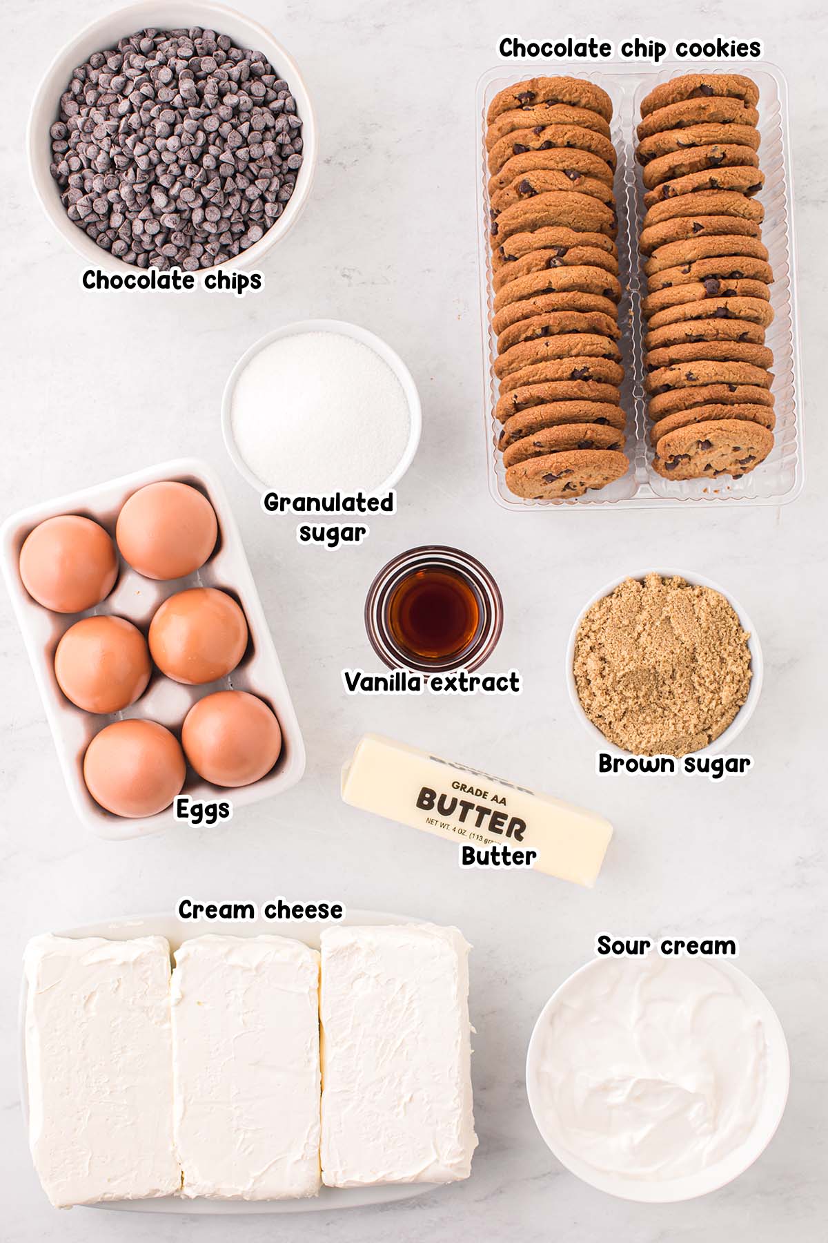 Chocolate Chip Cheesecake ingredients.
