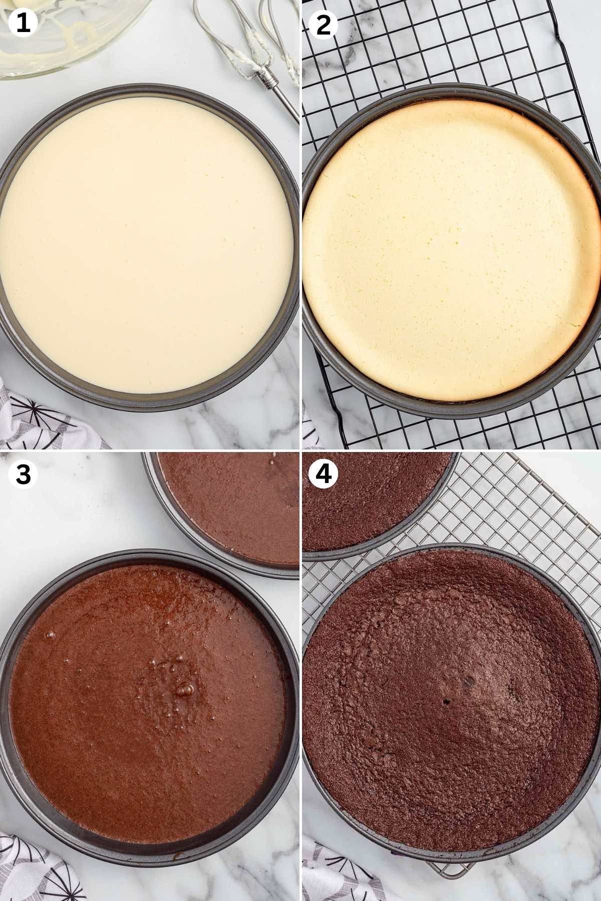 Make the cheesecake mixture. Bake the cheesecake. create the chocolate cake batter. chocolate cake in a springform. 