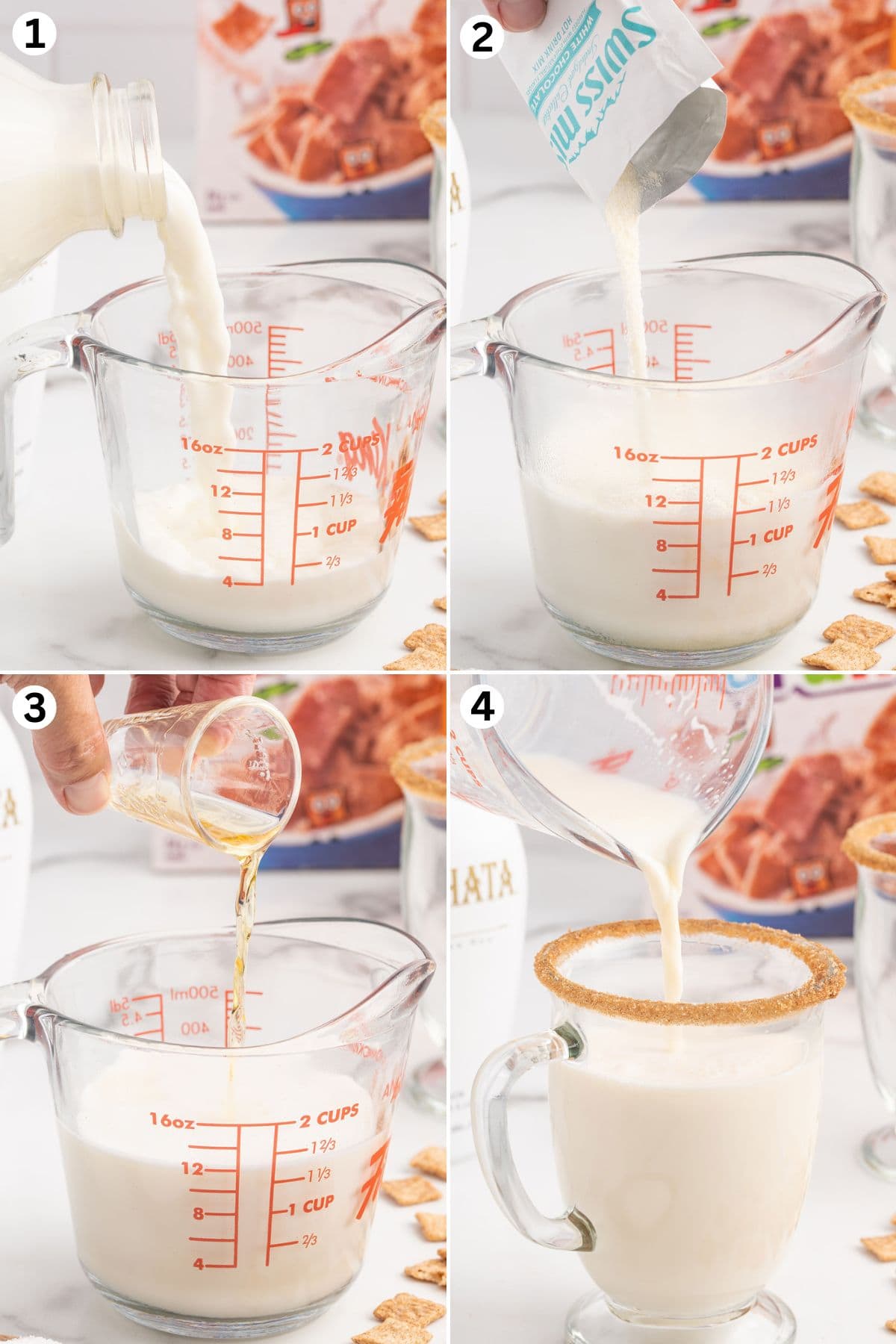 In a microwave safe mug pour the milk, next is white chocolate and then RumChata cream liqueur and Fireball cinnamon whisky. Pour the cinnamon toast crunch cocktail into the cinnamon sugar-rimmed glass mug.