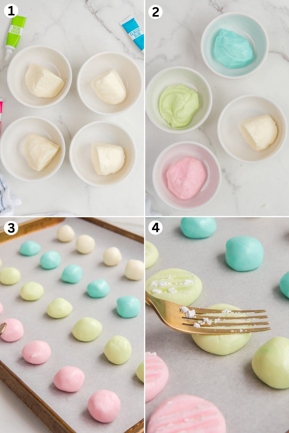 dough cut into 4 pieces and placed in a bowl. add food coloring to each dough. small ball of each colored dough lined up in baking sheet. flatten the dough with a fork.