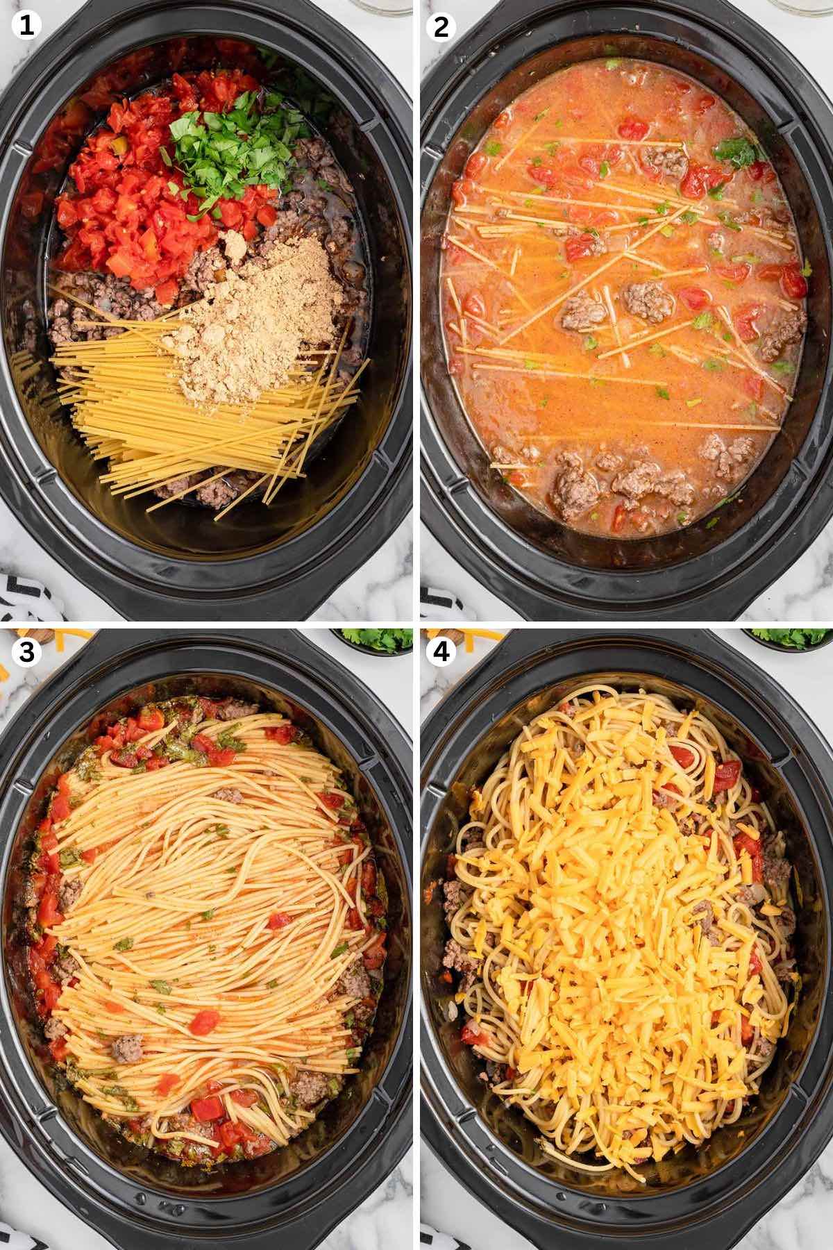Put the the ingredients in the slow cooker. Add the broth and water. cooked taco spaghetti in slow cooker. add shredded cheese on top of the spaghetti.