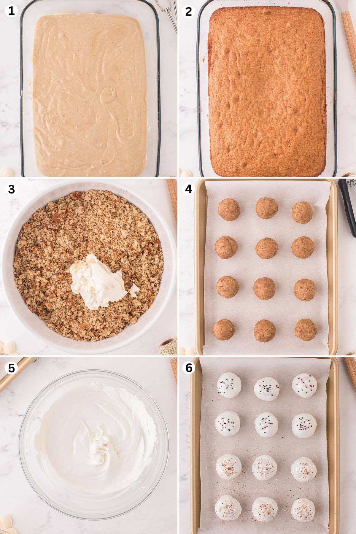 Bake the cake and allow it to cool completely then crumble it into pieces. Mix the cream cheese spread into the cake crumbs until the cake sticks together to form a dough. Scoop out cake balls and place them on the baking sheet. Roll a cake ball in the candy coating and decorate with sprinkles or other garnishes.