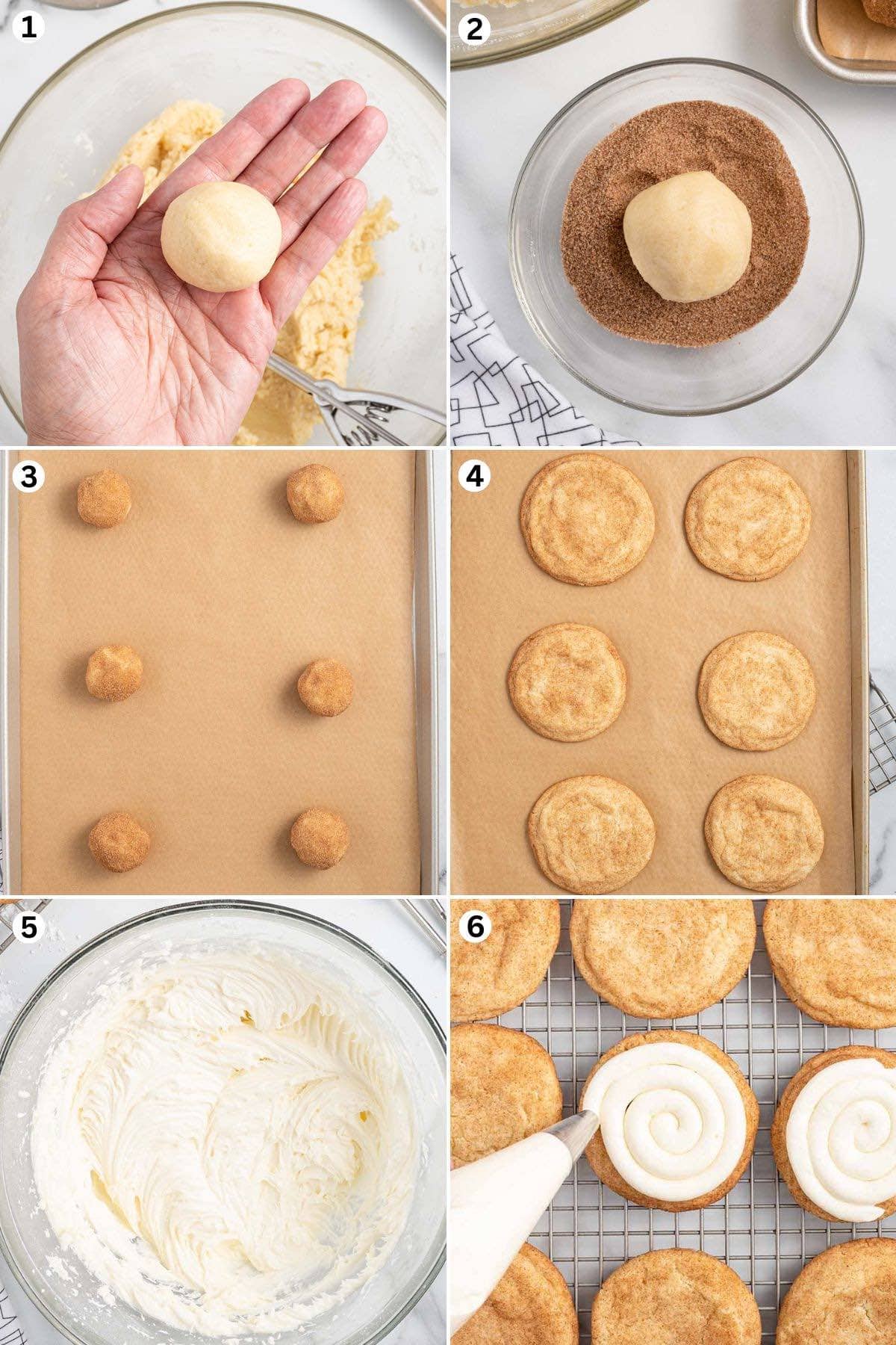 roll the dough into balls. roll the balls in cinnamon sugar mix. baked cookies on top of parchment paper. frosting mixture in a bowl. piping frosting on top of the cookies.