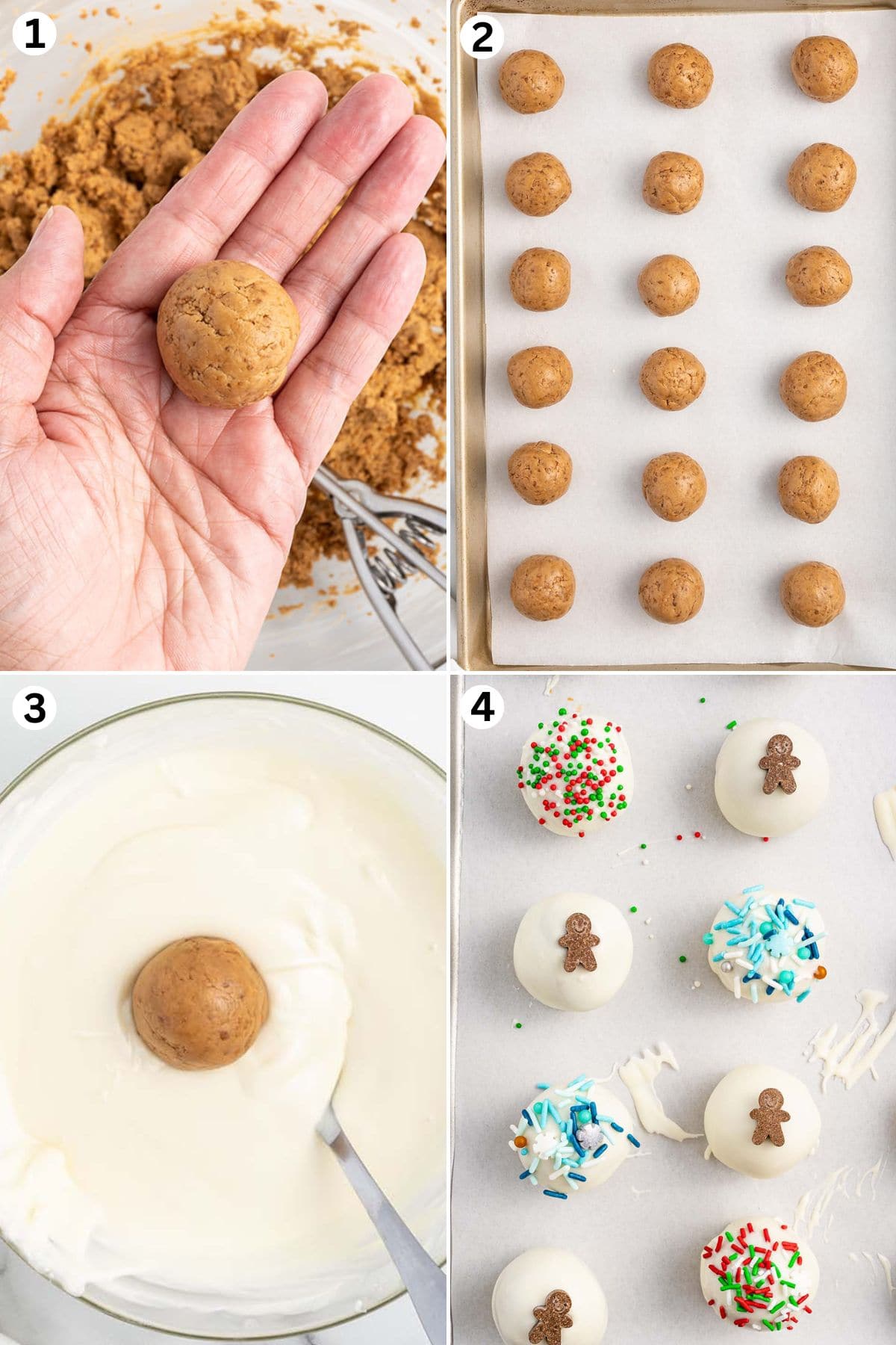 rolling gingerbread truffle mixture into a ball and line it up in baking sheet. dip the ball into melted white chocolate. adding sprinkle into the truffle. 