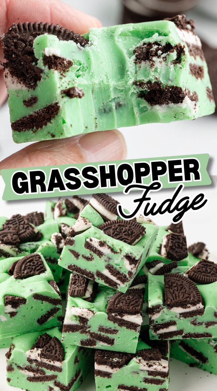 A hand holding bitten grasshopper fudge. A stack of Grasshopper Fudge served on a white plate.