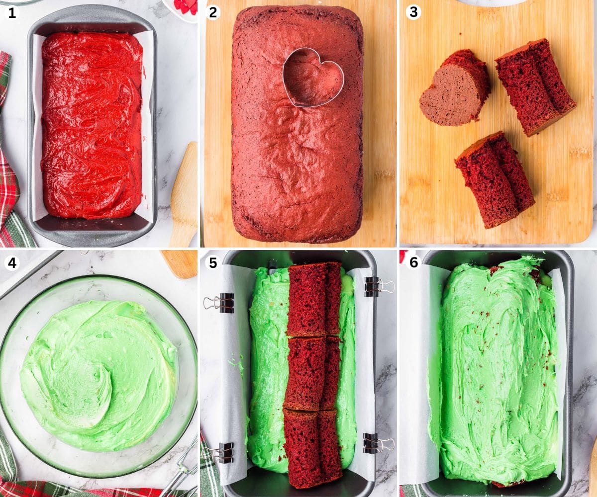 red cake batter in a loaf pan. cut into the bake using heart cookie cutter. grinch cake batter in a mixing bowl. place the heart shaped cake in the middle of the green cake. 