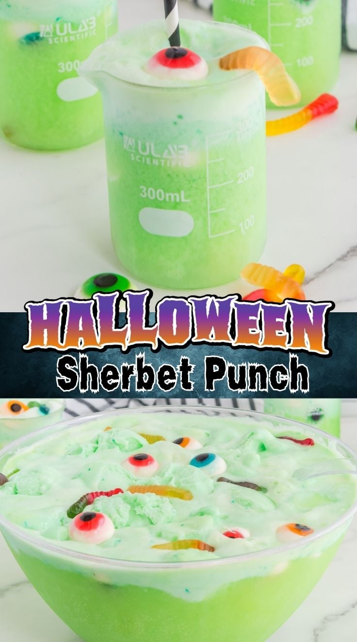 Halloween Sherbet Punch decorated with worm gummies and eyeball candy in a glass.