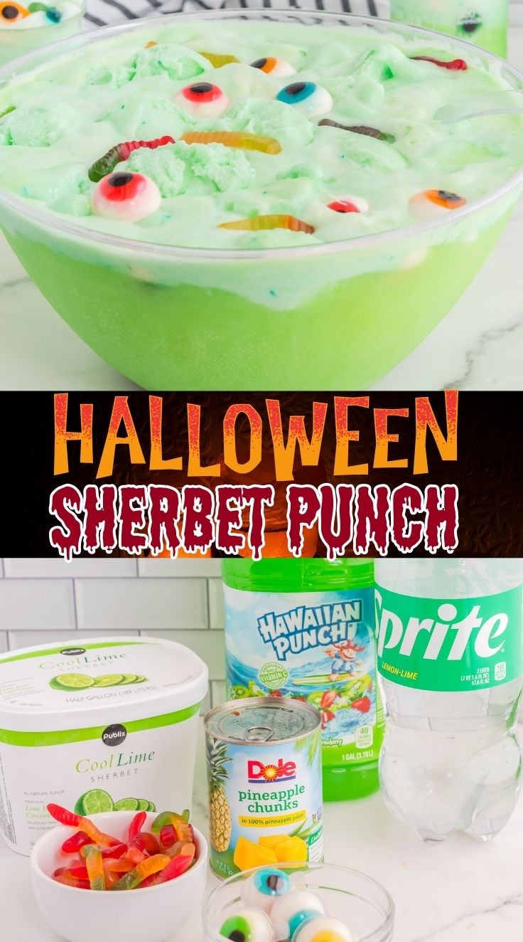 Halloween Sherbet Punch decorated with worm gummies and eyeball candy served in a punch bowl. Halloween Sherbet Punch ingredients