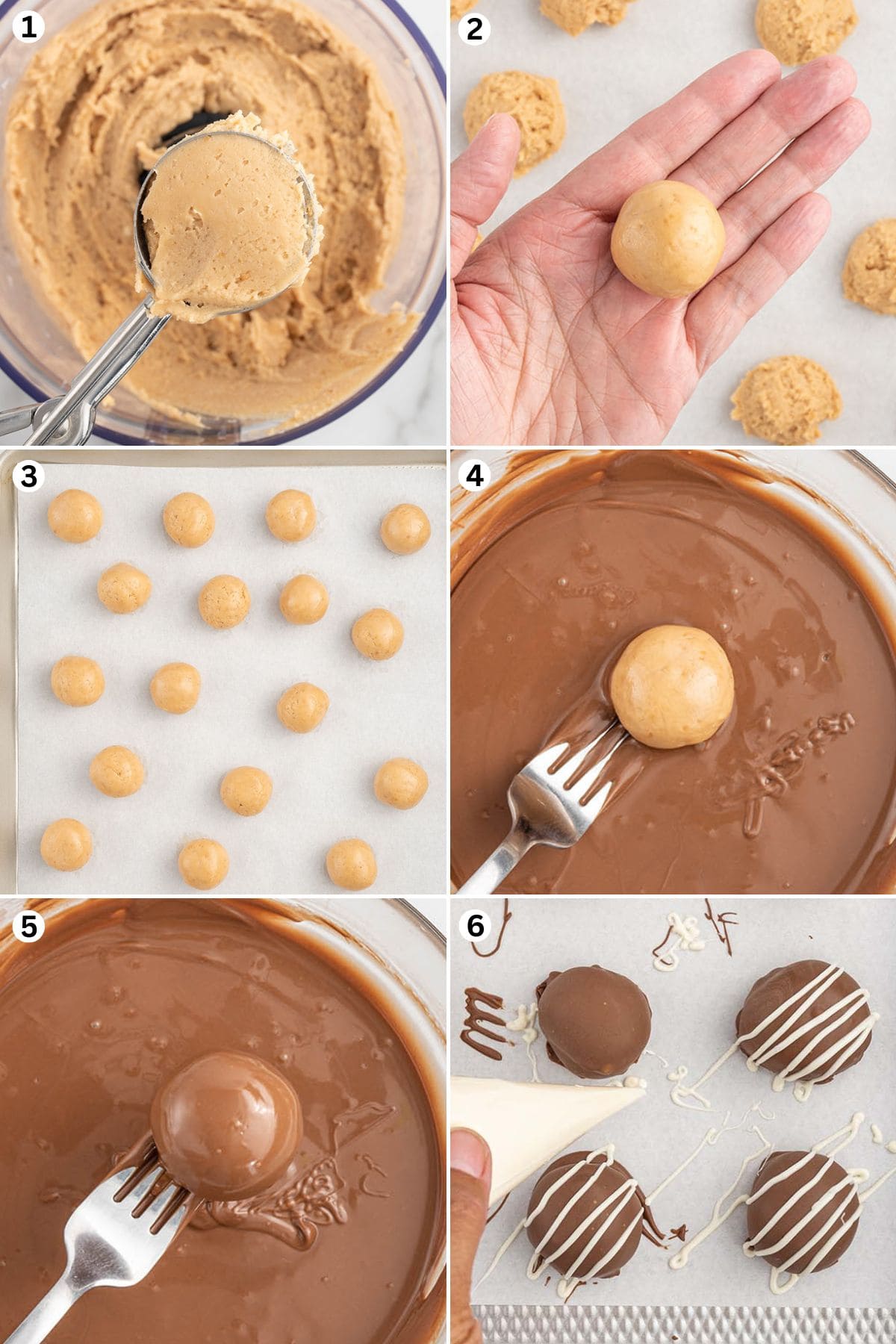 scooping kahlua balls using ice cream scoop. Roll the mixture into balls and line it up in baking sheet. dip into melted chocolate. drizzle with white chocolate.