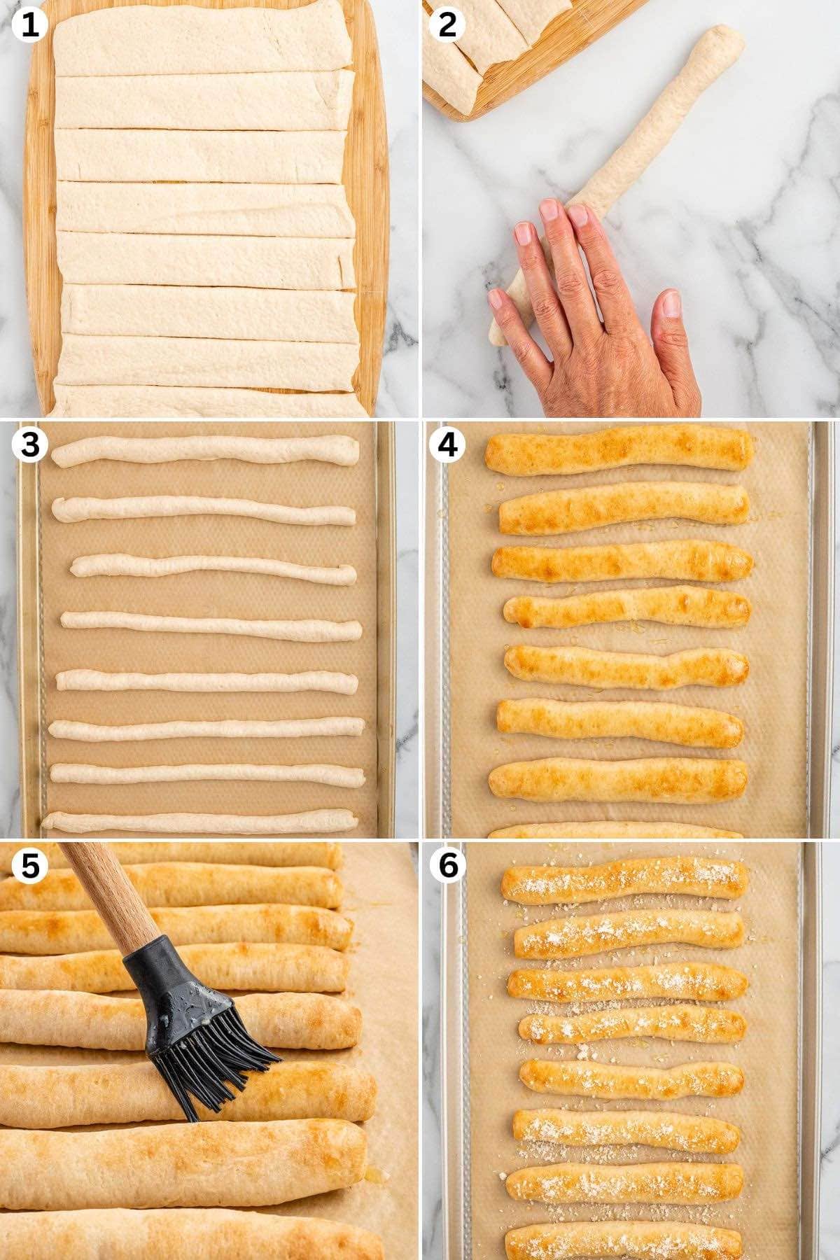 Unroll the dough into a large rectangle and cut 8 strips. Roll the dough and place in baking tray. brush with butter. Sprinkle parmesan cheese on top of the bread.
