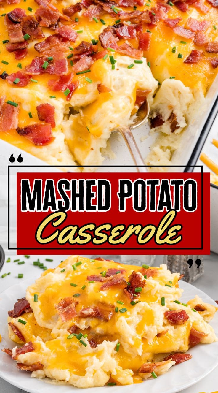 A spoon digging into creamy Mashed Potato Casserole